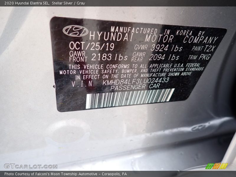 Stellar Silver / Gray 2020 Hyundai Elantra SEL