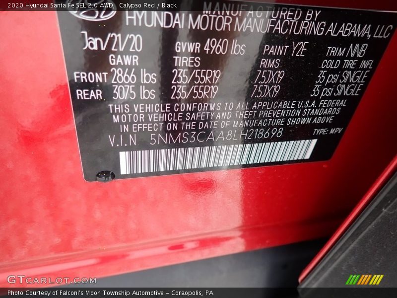 Calypso Red / Black 2020 Hyundai Santa Fe SEL 2.0 AWD