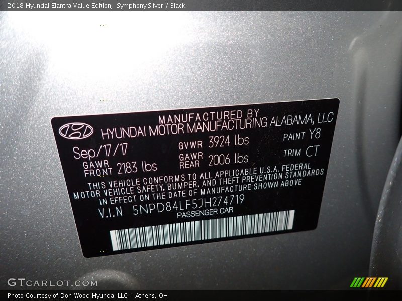 Symphony Silver / Black 2018 Hyundai Elantra Value Edition