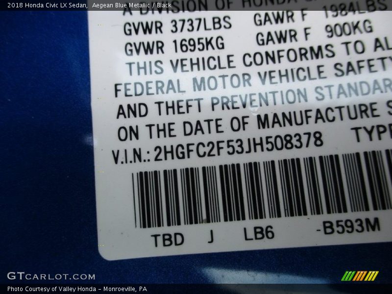 Aegean Blue Metallic / Black 2018 Honda Civic LX Sedan