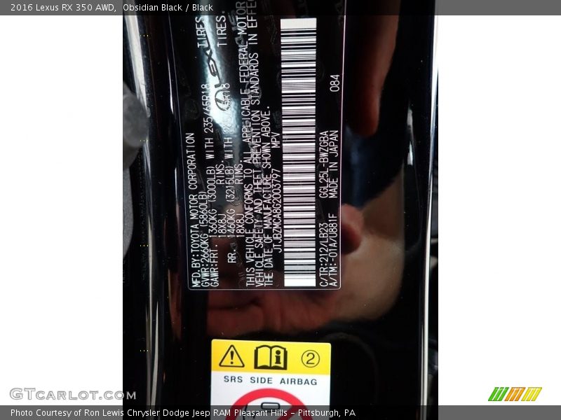 Obsidian Black / Black 2016 Lexus RX 350 AWD