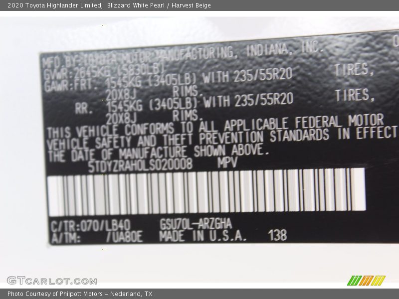 Blizzard White Pearl / Harvest Beige 2020 Toyota Highlander Limited