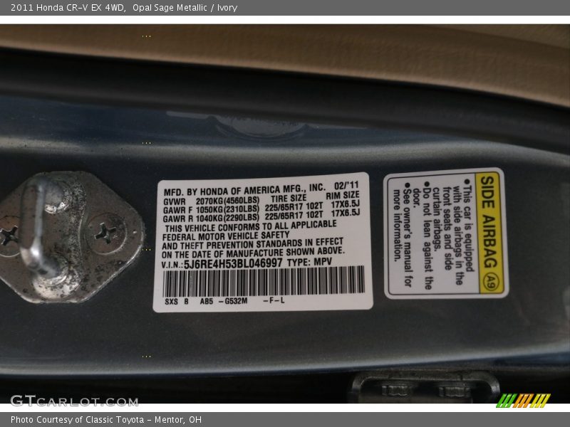 Opal Sage Metallic / Ivory 2011 Honda CR-V EX 4WD