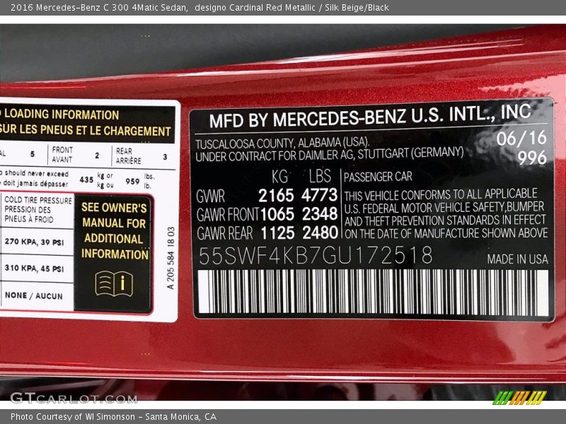 designo Cardinal Red Metallic / Silk Beige/Black 2016 Mercedes-Benz C 300 4Matic Sedan