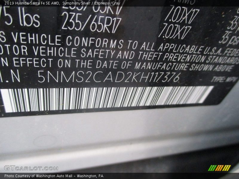 Symphony Silver / Espresso/Gray 2019 Hyundai Santa Fe SE AWD