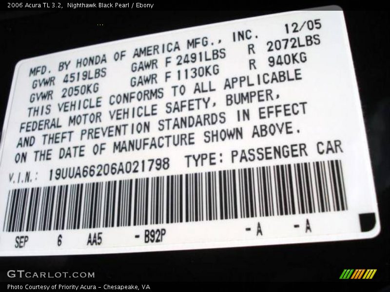 Nighthawk Black Pearl / Ebony 2006 Acura TL 3.2