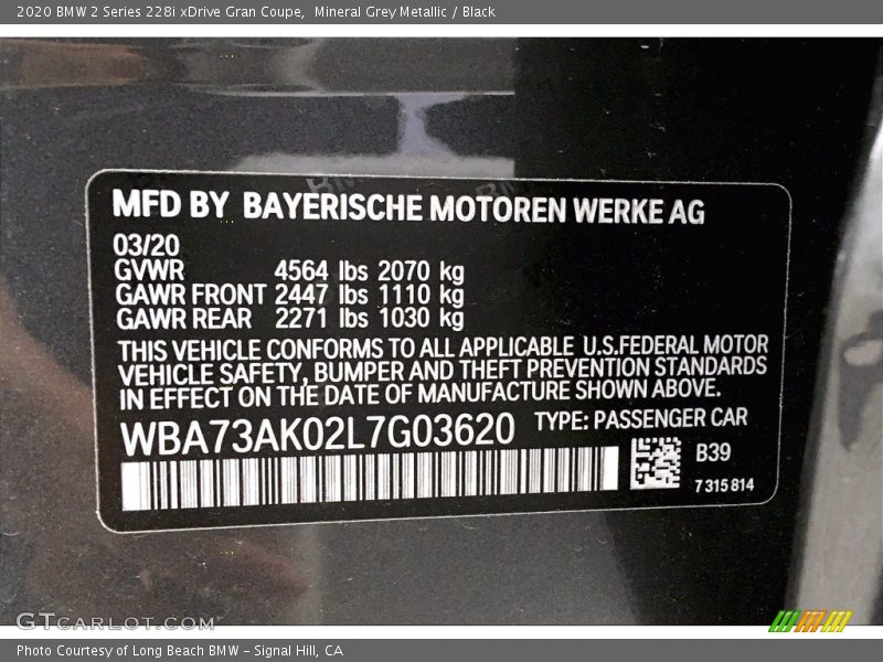Mineral Grey Metallic / Black 2020 BMW 2 Series 228i xDrive Gran Coupe