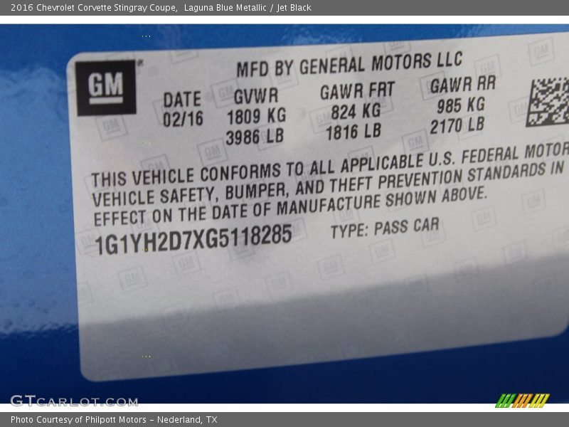 Laguna Blue Metallic / Jet Black 2016 Chevrolet Corvette Stingray Coupe