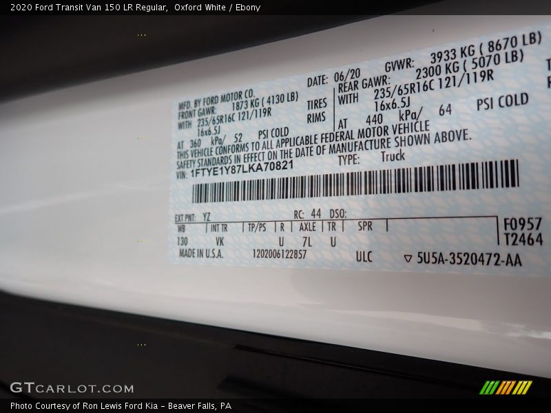 Oxford White / Ebony 2020 Ford Transit Van 150 LR Regular