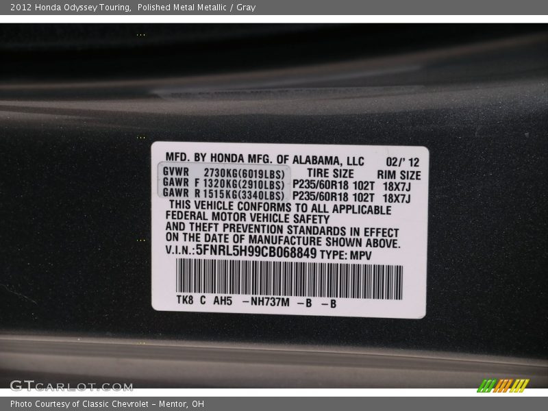 Polished Metal Metallic / Gray 2012 Honda Odyssey Touring