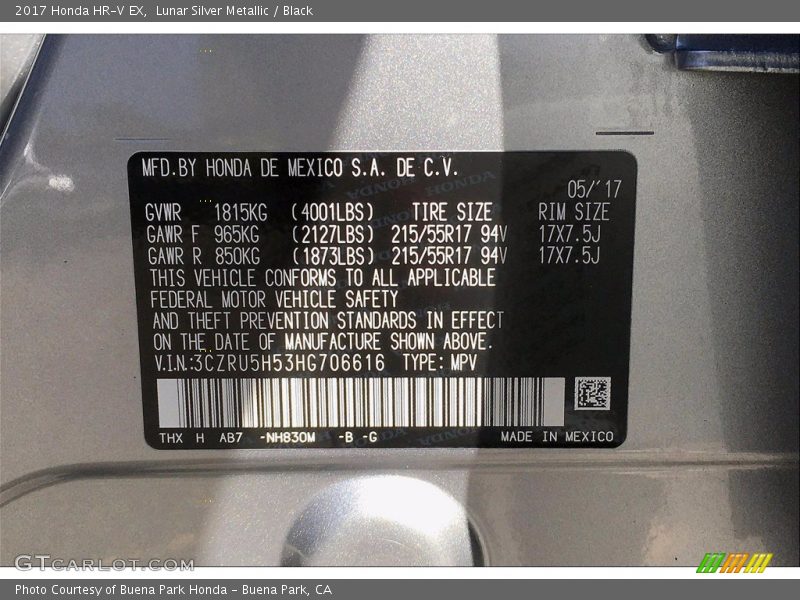 Lunar Silver Metallic / Black 2017 Honda HR-V EX