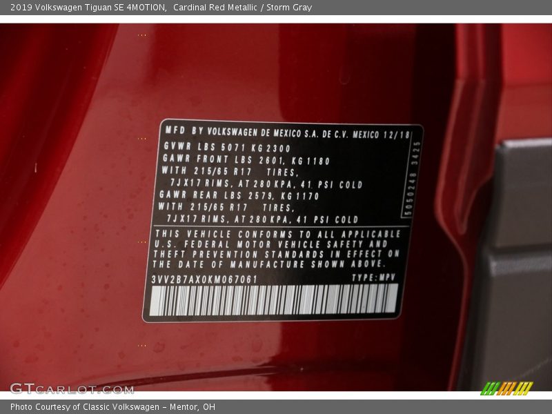 Cardinal Red Metallic / Storm Gray 2019 Volkswagen Tiguan SE 4MOTION