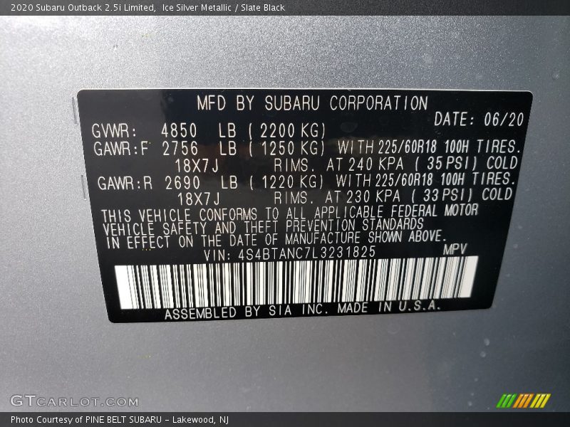 Ice Silver Metallic / Slate Black 2020 Subaru Outback 2.5i Limited