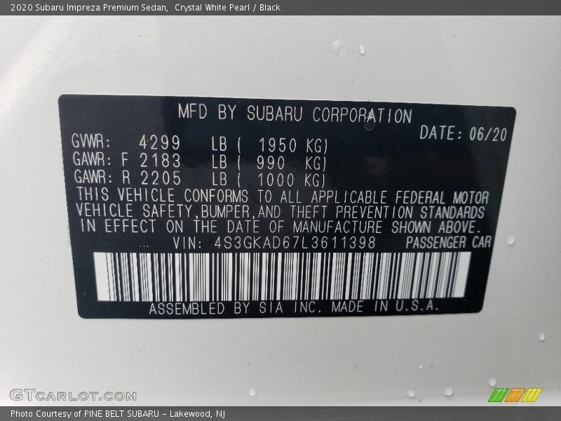 Crystal White Pearl / Black 2020 Subaru Impreza Premium Sedan
