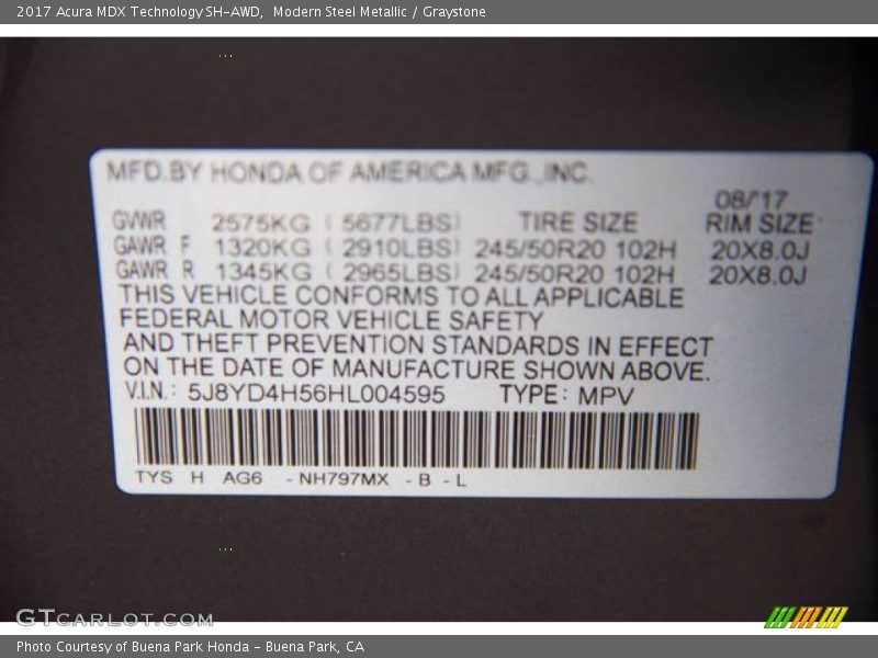 2017 MDX Technology SH-AWD Modern Steel Metallic Color Code NH797MX