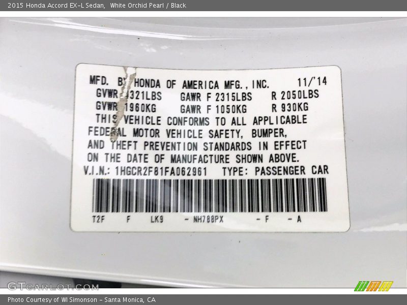 White Orchid Pearl / Black 2015 Honda Accord EX-L Sedan