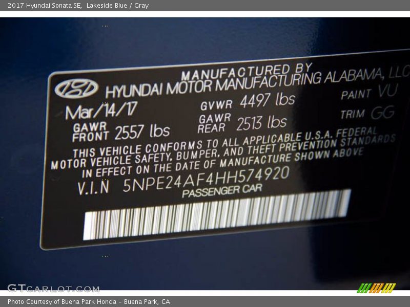 Lakeside Blue / Gray 2017 Hyundai Sonata SE