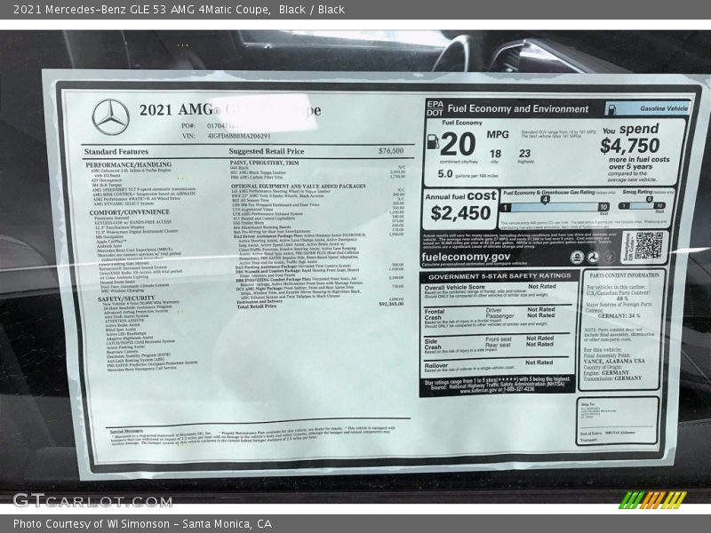  2021 GLE 53 AMG 4Matic Coupe Window Sticker
