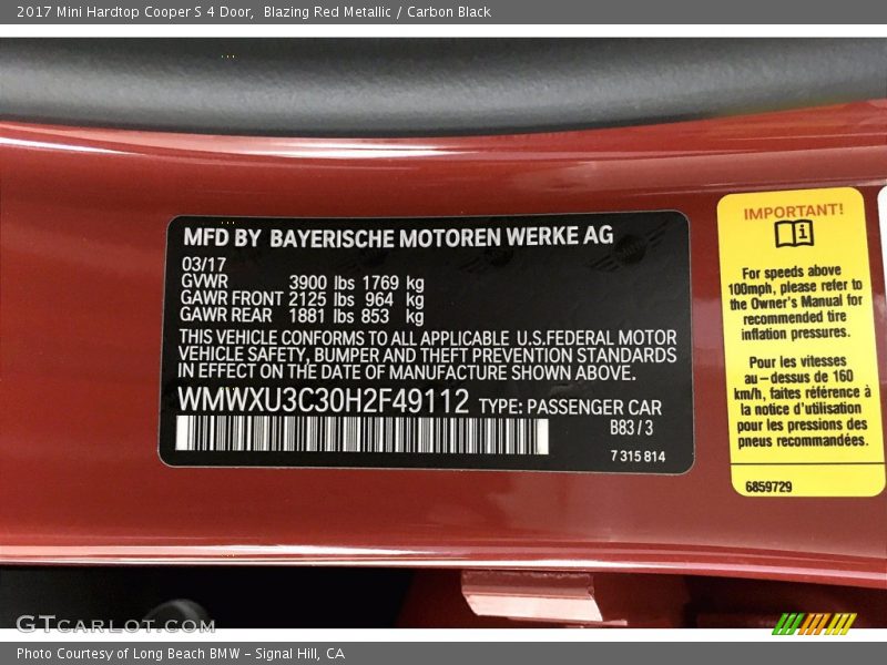 Blazing Red Metallic / Carbon Black 2017 Mini Hardtop Cooper S 4 Door