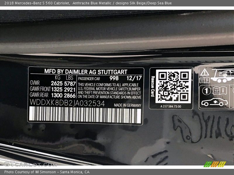 Anthracite Blue Metallic / designo Silk Beige/Deep Sea Blue 2018 Mercedes-Benz S 560 Cabriolet