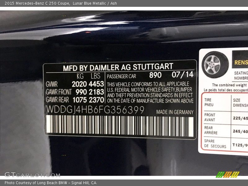 Lunar Blue Metallic / Ash 2015 Mercedes-Benz C 250 Coupe