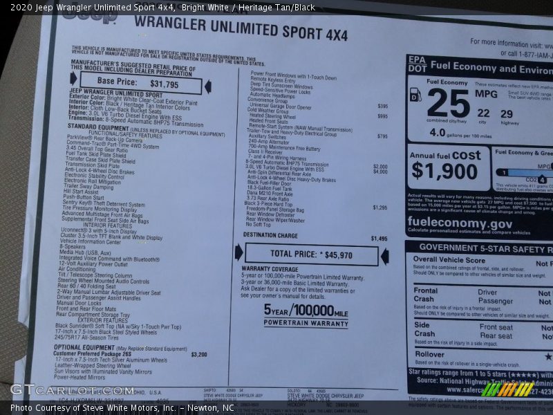  2020 Wrangler Unlimited Sport 4x4 Window Sticker