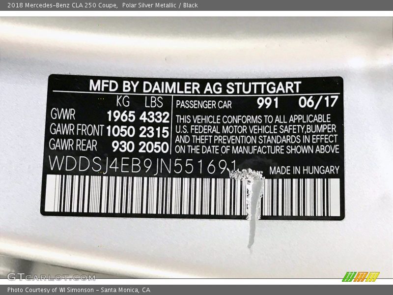Polar Silver Metallic / Black 2018 Mercedes-Benz CLA 250 Coupe