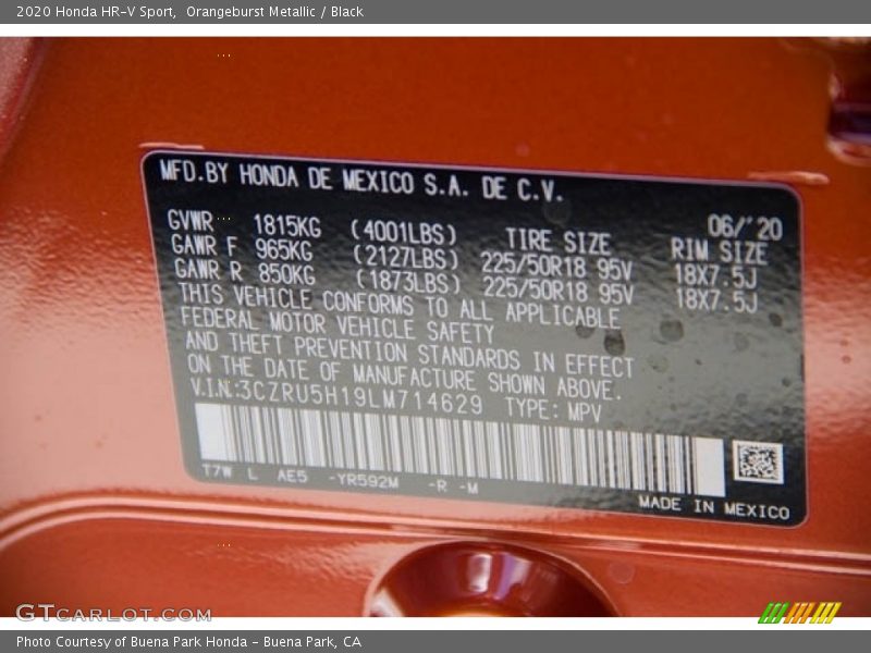 2020 HR-V Sport Orangeburst Metallic Color Code YR592M