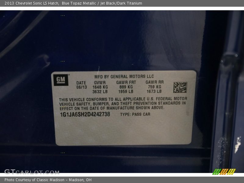 Blue Topaz Metallic / Jet Black/Dark Titanium 2013 Chevrolet Sonic LS Hatch