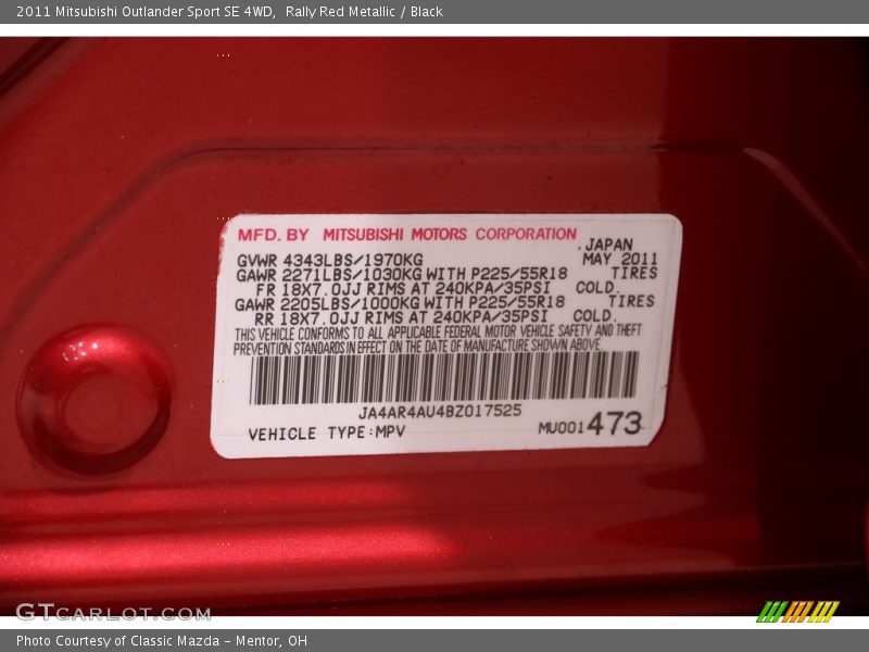 Rally Red Metallic / Black 2011 Mitsubishi Outlander Sport SE 4WD