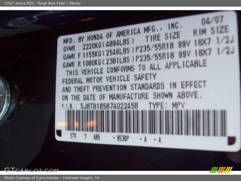 Royal Blue Pearl / Ebony 2007 Acura RDX