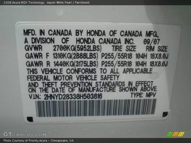 Aspen White Pearl / Parchment 2008 Acura MDX Technology