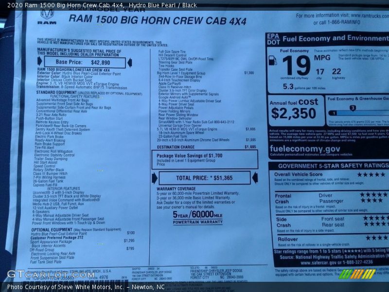  2020 1500 Big Horn Crew Cab 4x4 Window Sticker