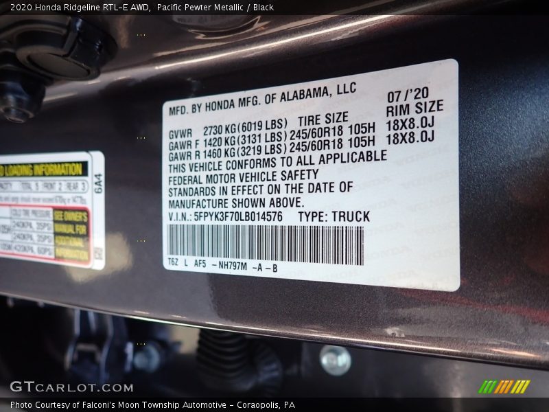Pacific Pewter Metallic / Black 2020 Honda Ridgeline RTL-E AWD