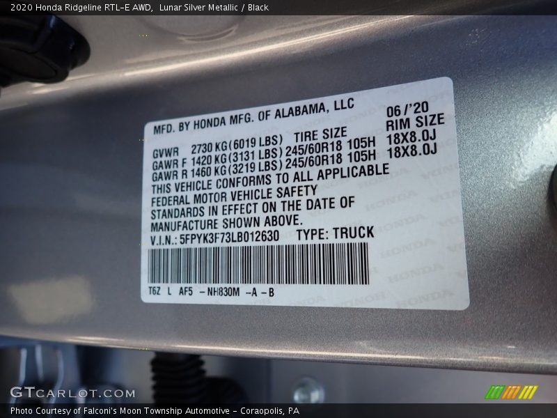 Lunar Silver Metallic / Black 2020 Honda Ridgeline RTL-E AWD