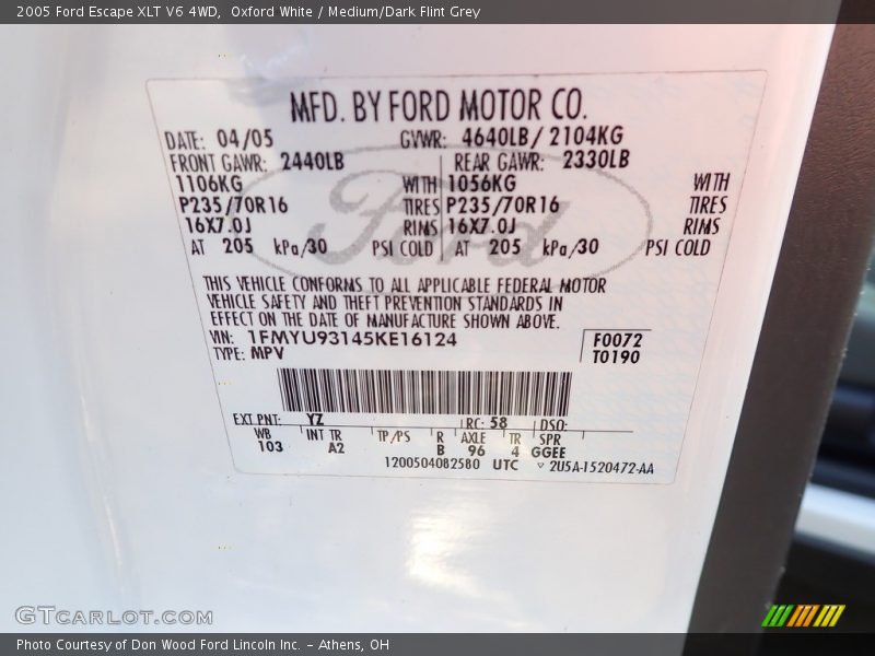 Oxford White / Medium/Dark Flint Grey 2005 Ford Escape XLT V6 4WD