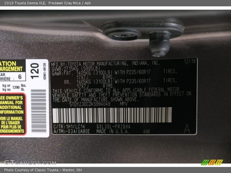 Predawn Gray Mica / Ash 2019 Toyota Sienna XLE