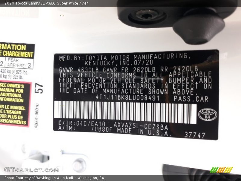 Super White / Ash 2020 Toyota Camry SE AWD