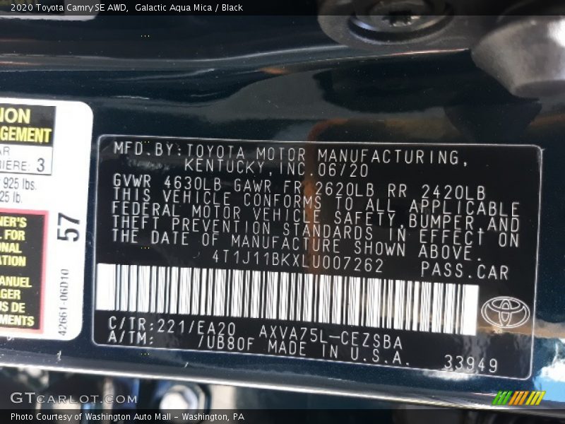 2020 Camry SE AWD Galactic Aqua Mica Color Code 221