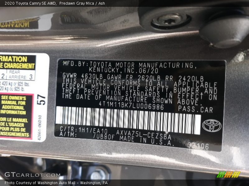 Predawn Gray Mica / Ash 2020 Toyota Camry SE AWD