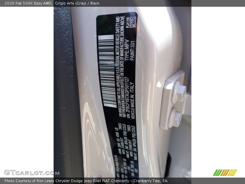 2016 500X Easy AWD Grigio Arte (Gray) Color Code 331