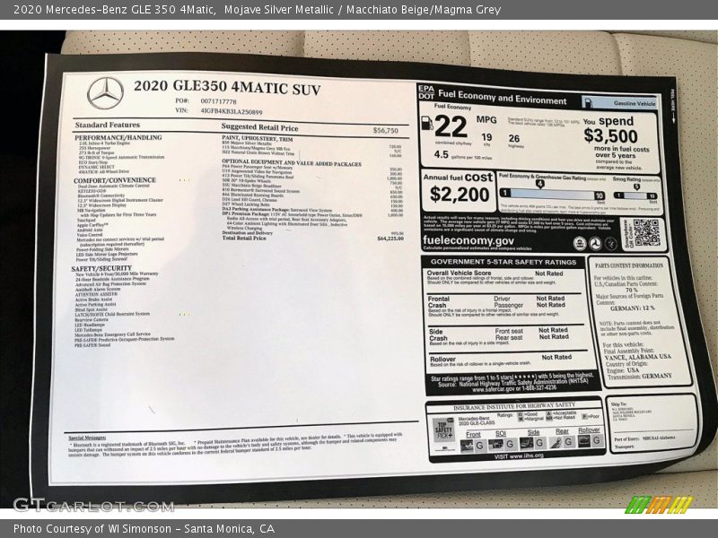  2020 GLE 350 4Matic Window Sticker