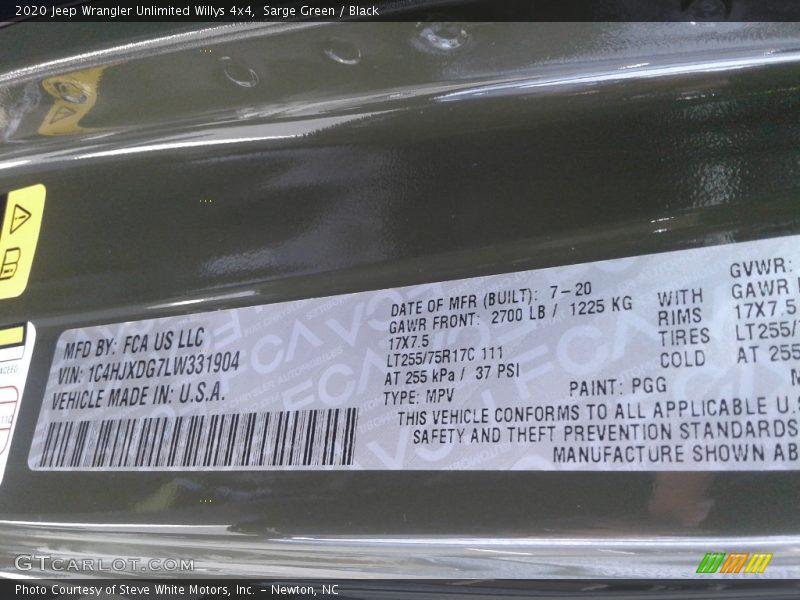 2020 Wrangler Unlimited Willys 4x4 Sarge Green Color Code PGG