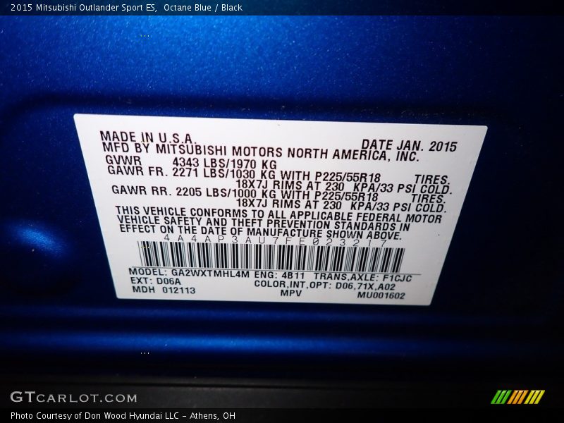 Octane Blue / Black 2015 Mitsubishi Outlander Sport ES