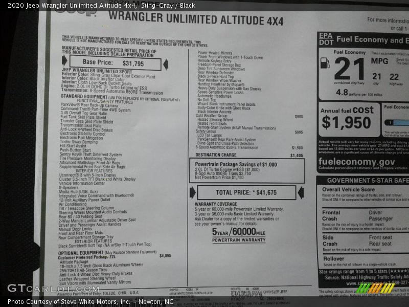 Sting-Gray / Black 2020 Jeep Wrangler Unlimited Altitude 4x4