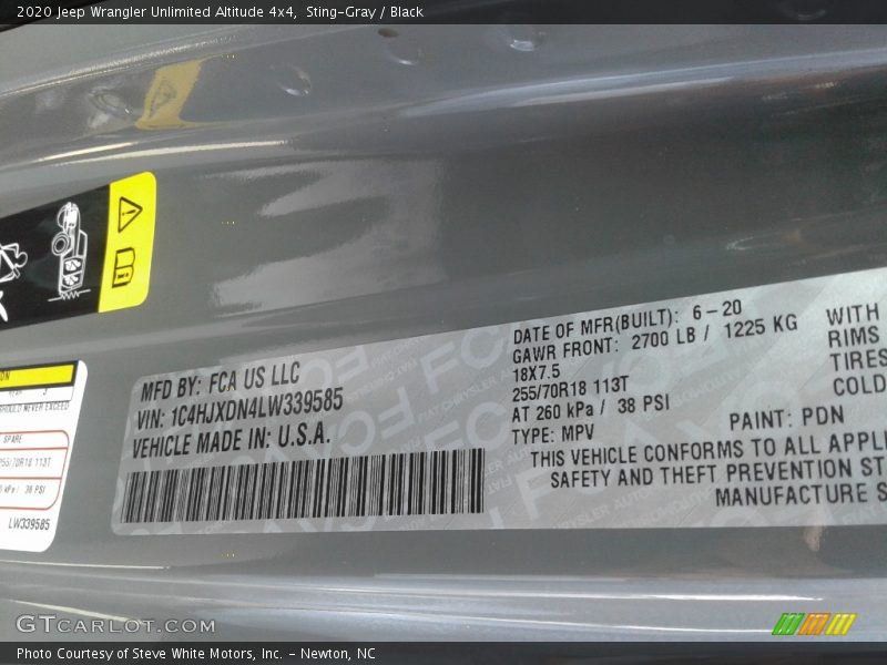 2020 Wrangler Unlimited Altitude 4x4 Sting-Gray Color Code PDN