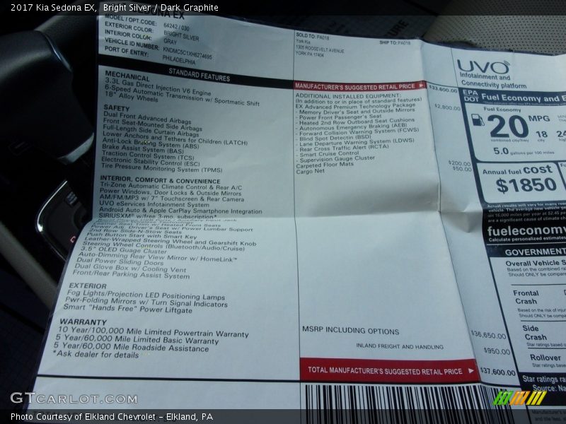  2017 Sedona EX Window Sticker