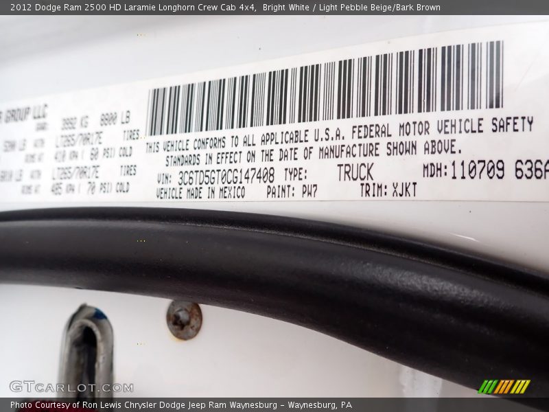 2012 Ram 2500 HD Laramie Longhorn Crew Cab 4x4 Bright White Color Code PW7