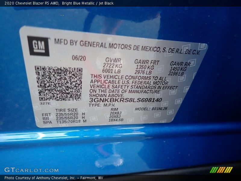 Bright Blue Metallic / Jet Black 2020 Chevrolet Blazer RS AWD