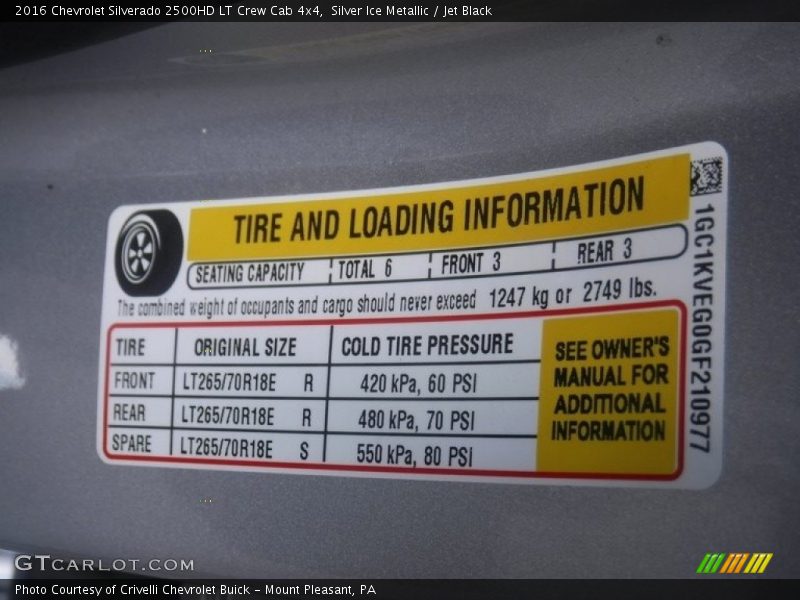 Info Tag of 2016 Silverado 2500HD LT Crew Cab 4x4